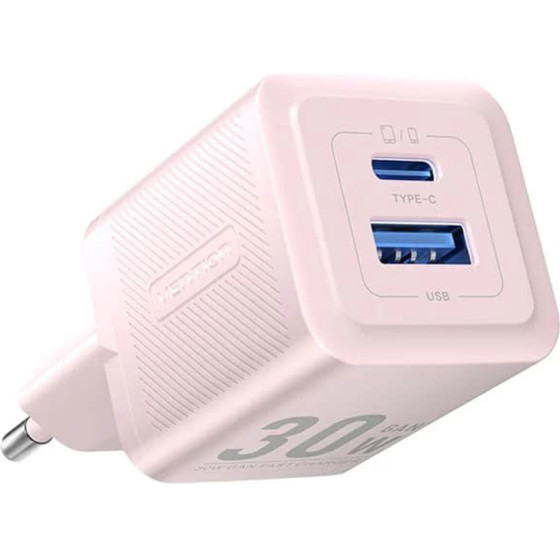 Vention - Wall Charger - Type-C, USB, PD30W, GaN, Dual Fast Charging, Low Temperature Technology, Eu Plug - Pink - (FEQP0-EU)