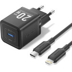 Vention - Wall Charger - USB-C, Eu Plug, 20W, GaN, Smart Charging, With Cable USB-C To Lightning, 1m - Black - (TZ-FEPB0-EU-02)