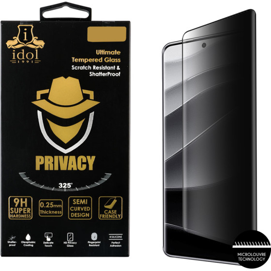 Idol 1991 Tempered Glass Xiaomi Redmi Note 14 Pro Plus 5G 6.67'' 9H 0.25mm Privacy Antispy Semi Curved Full Glue BLACK