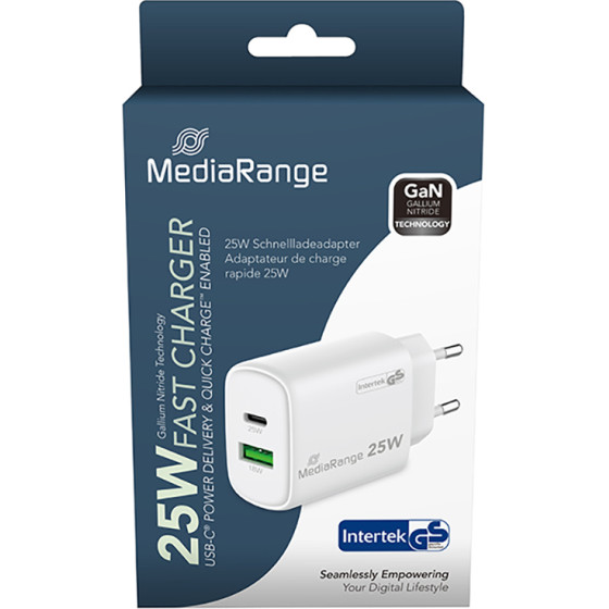 MediaRange 25W Gan Fast Charging Adapter (EU-Plug), 1x USB-C And 1x USB-A, USB-C(R) Power Delivery And Quick Charge� enabled, White) - (MRMA112-2)