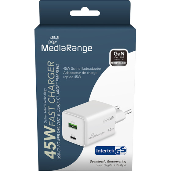 MediaRange 45W Gan Fast Charging Adapter (EU-Plug), 1x USB-C And 1x USB-A, USB-C(R) Power Delivery And Quick Charge� enabled, White - (MRMA113-2)