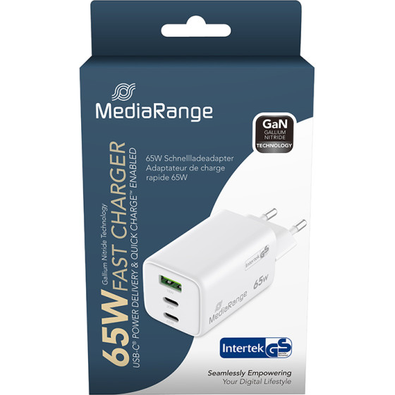 MediaRange 65W Gan Fast Charging Adapter (EU-Plug), 2x USB-C And 1x USB-A, USB-C(R) Power Delivery And Quick Charge� enabled, White (MRMA116-2 - (MRMA116-2)