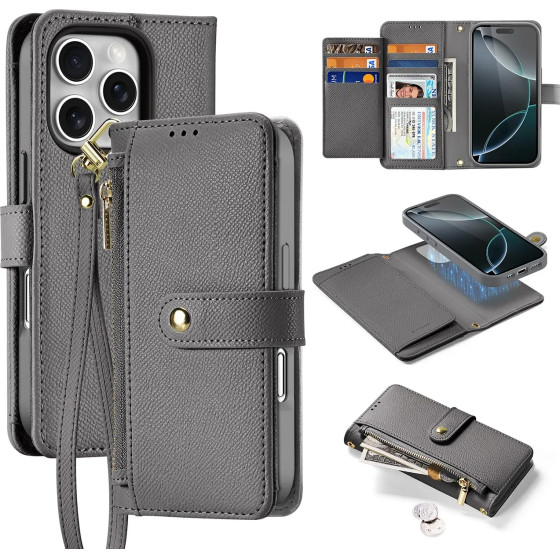 Dux Ducis Lawa Iphone 16 Pro Leather Case With Detachable Magnetic Wallet - Gray - (Dux Ducis Lawa Ip 16 Pro Grey)
