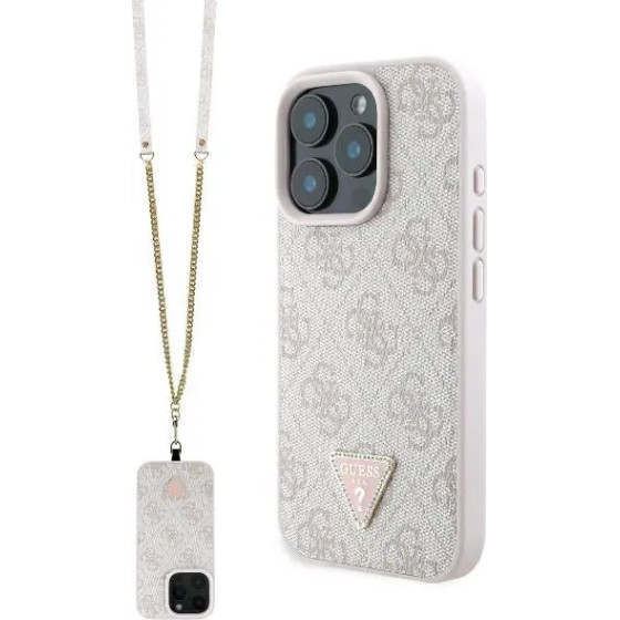 Guess Leather Metal Logo Strass Crossbody Case For Iphone 16 Pro - Pink - (GUE003920-0)
