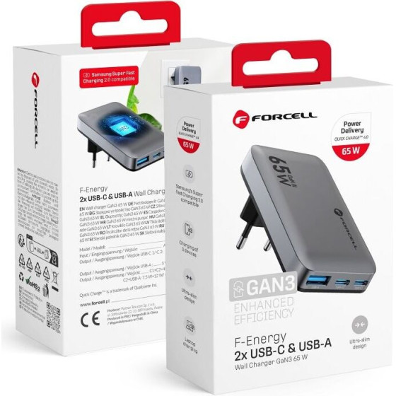 FORCELL F-Energy Gan VT-47 Ultra Slim Travel Charger 2 x Type C + Usb A Pd QC4.0 4A 65W gray