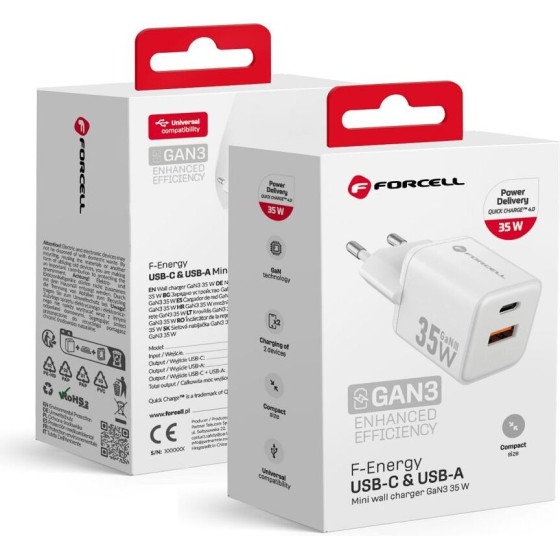 FORCELL F-Energy Mini Gan Iii VT-35 Travel Charger With 1 x Type C + 1x Usb A sockets, Pd QC4.0 30W white