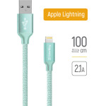 ColorWay - Data Cable - Usb 2.0 To Apple Lightning, For Syncing & Charging, Nylon, 2.1A, 480Mbps, 1m - Mint - (CW-CBUL004-MT)