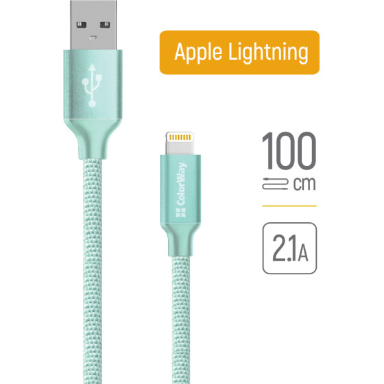 ColorWay - Data Cable - Usb 2.0 To Apple Lightning, For Syncing & Charging, Nylon, 2.1A, 480Mbps, 1m - Mint - (CW-CBUL004-MT)