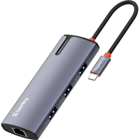 ColorWay - Docking Station - 4x USB, Type-C, RJ45, Pd 100W, 5Gps, Ethernet 1 GbE, 5A, Indicator, Cable - Silver - (CW-HUB03)