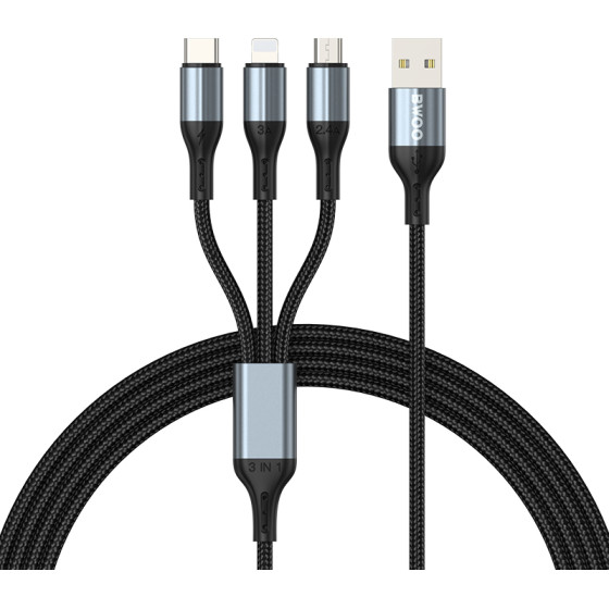BWOO 3-in-1 Cable USB - USB-C, Lightning, Micro USB 1m 3A X274 black