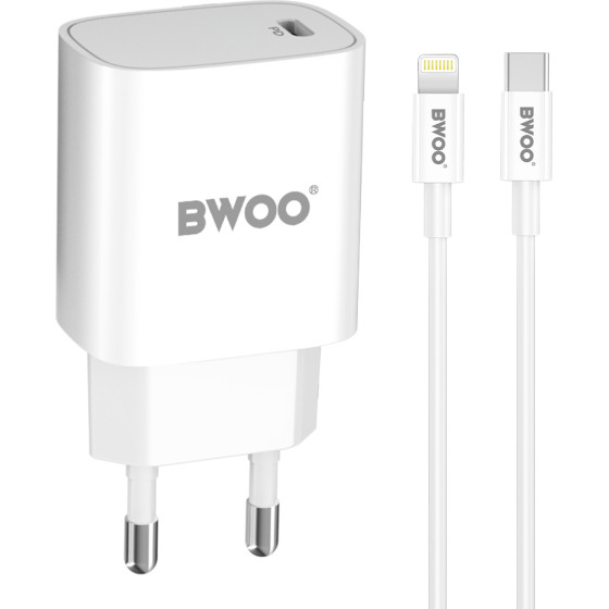 BWOO CDA159 PD wall charger 1x USB-C port + Lightning 20W white