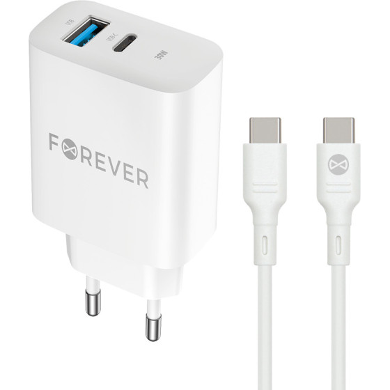 Forever TC-07-30AC PD QC charger 1x USB-C 1x USB 30W white + USB-C - USB-C cable 60W
