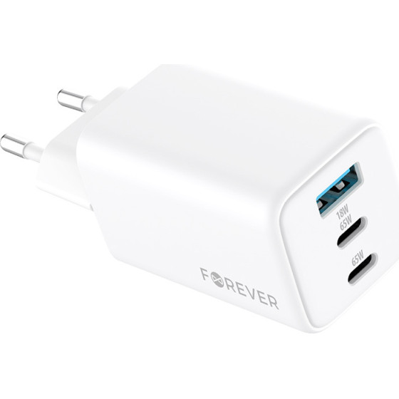 Forever TC-08-65ACC GaN PD QC charger 2x USB-C 1x USB 65W white