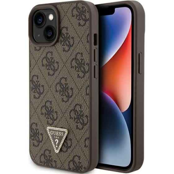 Guess case for iPhone 15 6,1'' GUHCP15SP4TDPW brown hardcase Leather 4G Triangle Strass