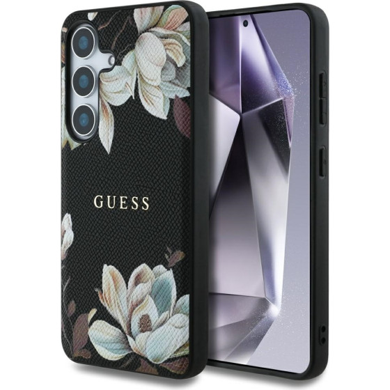 Guess HC Magnetic PU Grained Flowers Classic Logo case for Samsung Galaxy S25 black