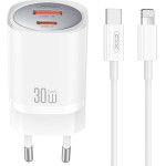 XO wall charger CE21 PD 30W 1x USB-C 1x USB white + cable USB-C - Lightning
