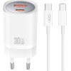 XO wall charger CE21 PD 30W 1x USB-C 1x USB white + cable USB-C - USB-C