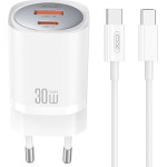 XO wall charger CE21 PD 30W 1x USB-C 1x USB white + cable USB-C - USB-C