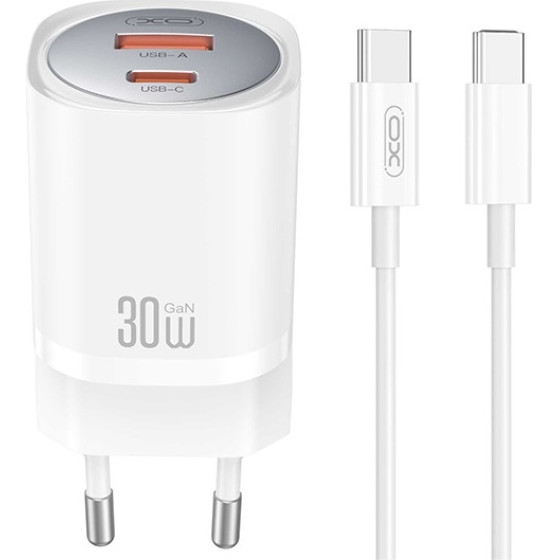 XO wall charger CE21 PD 30W 1x USB-C 1x USB white + cable USB-C - USB-C