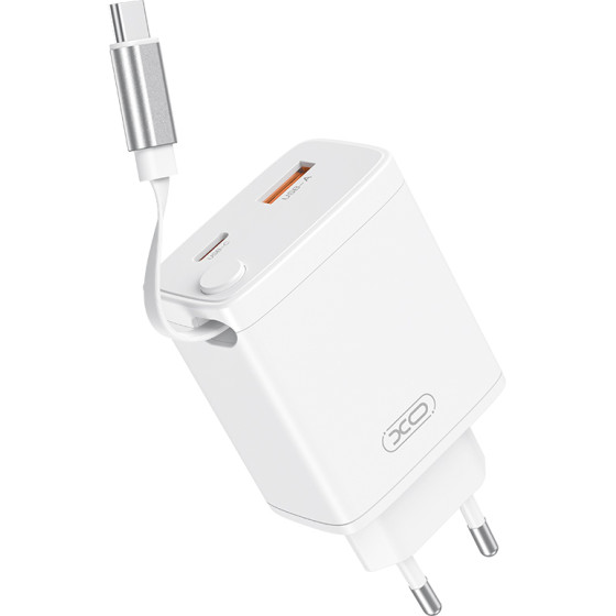 XO wall charger CE31 1x USB 1x USB-C 30W white with retractable USB-C cable