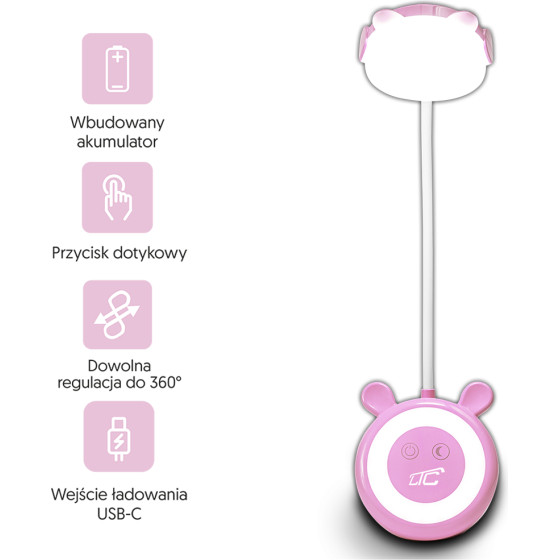 LTC Led Teddy Bear Desk Lamp 3W, 3000/4500/6000K, adjustable, 1200mAh, pink,