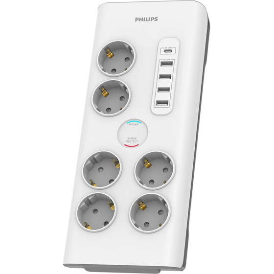 Philips Anti-Surge Power Strip Extension Cord 6 Schuko Sockets + 6xUSB-A + 1xUSB-C 2m 16A white