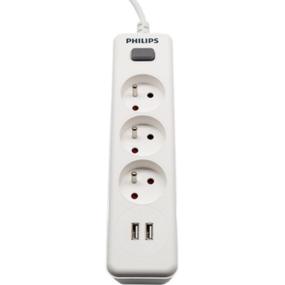Philips Power Strip Etension Cord 3 Sockets + 2 Usb 2m 10A white