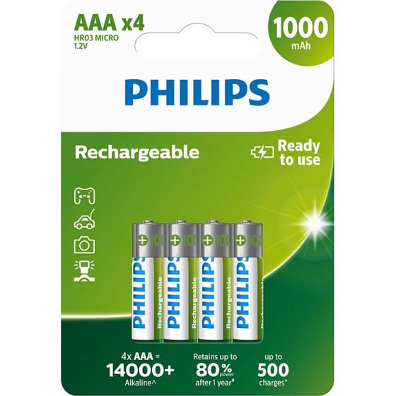 Philips Rechargable Batttery Aaa Nimh 1000mAh Set Of 4pcs.