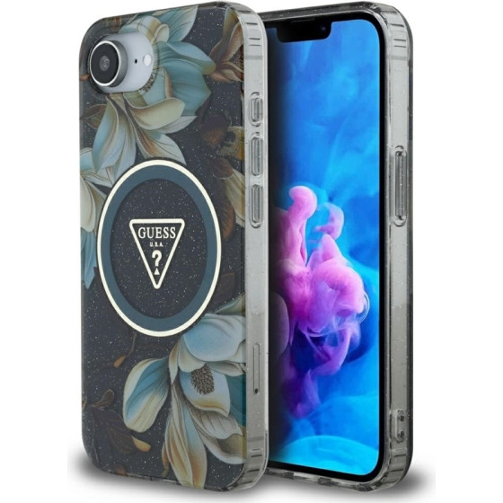 Guess Iml Metal Glitter Flowers Triangle Magsafe - Case For Iphone 16e (black) - (GUHMPSE4HFLPEDK)