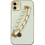 Vivid Silicone Case Pearl Chain Holder Apple Iphone 11 White/Gold - (CS-Fshn HLD-2403001)