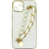 Vivid Silicone Case Pearl Chain Holder Apple Iphone 13 White/Gold - (CS-Fshn HLD-2403002)