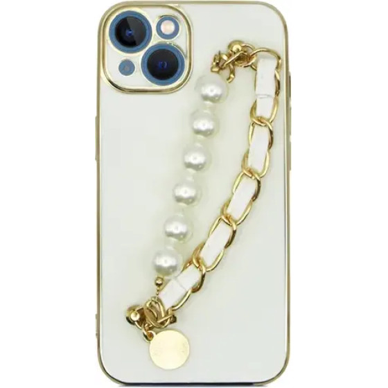 Vivid Silicone Case Pearl Chain Holder Apple Iphone 13 White/Gold - (CS-Fshn HLD-2403002)