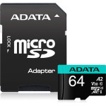 Adata - Memory Card - MicroSDHC, Adapter, Class 10, UHS-I U3, 64GB, Read 100MB/s - Black - (AUSDX64GUI3V30SA2-RA1)