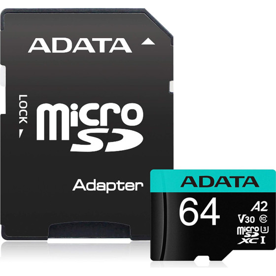 Adata - Memory Card - MicroSDHC, Adapter, Class 10, UHS-I U3, 64GB, Read 100MB/s - Black - (AUSDX64GUI3V30SA2-RA1)