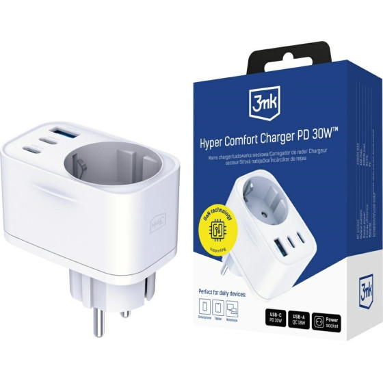 3MK Adapter sieciowy Hyper Comfort Charger 30W 1xUSB-A 2xUSB-C 1xSchuko PD QC3.0 bialy