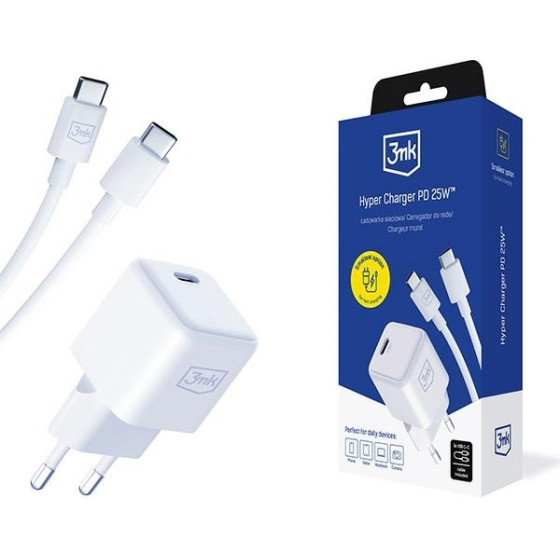 3MK Hyper Charger PD 25W lad. siec.biala/white + 1x USB-C Cable