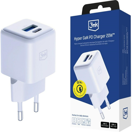 3MK Ladowarka sieciowa Hyper GaN Charger 20W 1xUSB-A 1XUSB-C PD QC4+ bialy