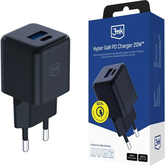 3MK Ladowarka sieciowa Hyper GaN Charger 20W 1xUSB-A 1XUSB-C PD QC4+ czarny