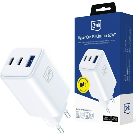 3MK Ladowarka sieciowa Hyper GaN Charger 65W 1xUSB-A 2xUSB-C PD QC4+ bialy