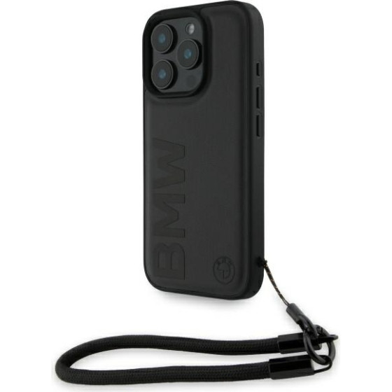 BMW iPhone 16 Pro 6.3'' black hardcase Signature Leather Wordmark Cord - (BMHCP16L23RMRLK)