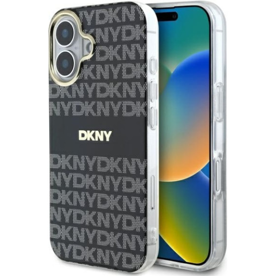 DKNY iPhone 16 6.1'' black hardcase Repeat Texture Pattern With Stripe - (DKHMP16SHRHSEK)