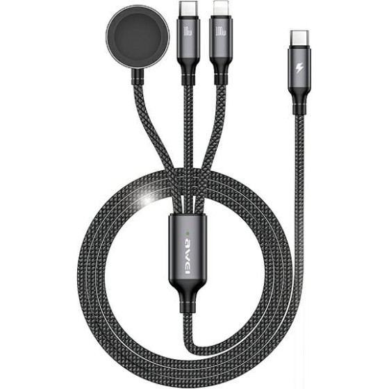 Awei Kabel 3w1 usb-c/lightning/watch100W/10W/2.5W czarny/Black - (W23)