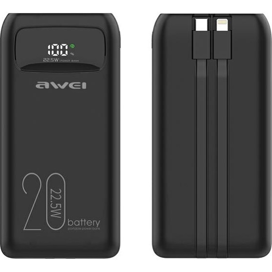 Awei Powerbank 20000mAh 22.5Wczarny/Black Wyswietlacz + Kable PD/Lightning - (P169K)