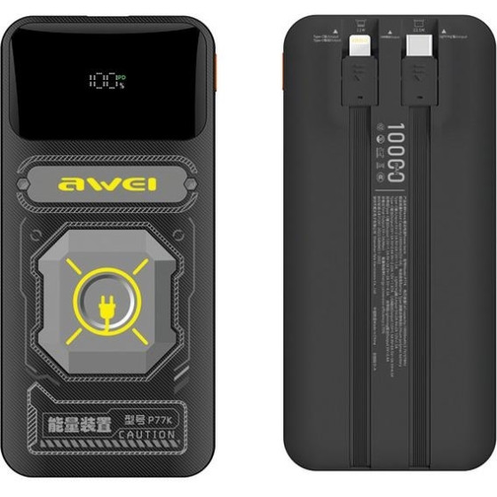 Awei Powerbank z Wbudowanym Kablem Lightning/USB-C 10000mAh czarny/Black 22.5W - (P77K)