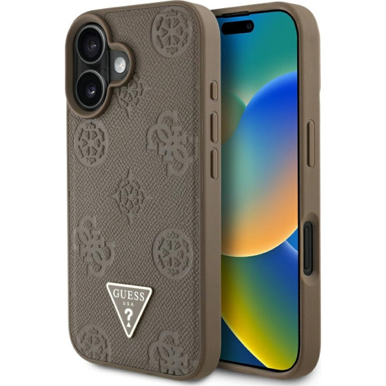 Guess Case Grained Hot Stamp Peony Triangle Logo Magsafe For Iphone 16 Brown - (GUHMP16SPGBTMW)