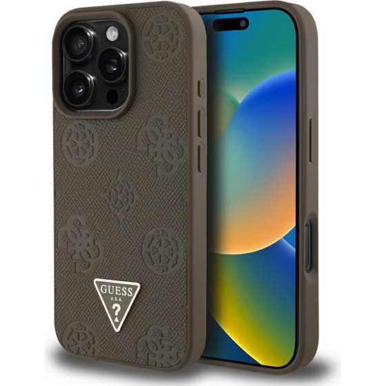 Guess Case Grained Hot Stamp Peony Triangle Logo Magsafe For Iphone 16 Pro Max Brown - (GUHMP16XPGBTMW)