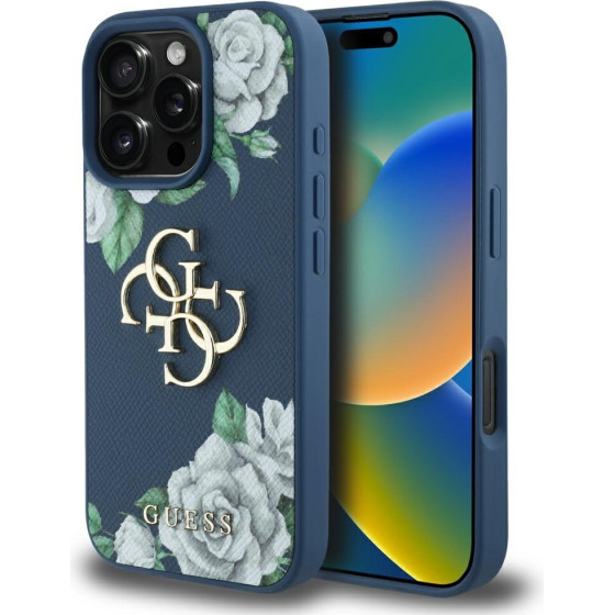 Guess Case Grained Roses Big 4G Logo For Iphone 16 Pro Max Blue - (GUHCP16XPGROP4MB)