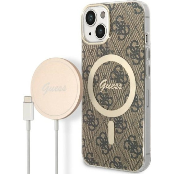 Guess Set Case+Charger Iphone 14 / 15 / 13 6,1''Brown Hard Case 4G Print - (GUBPP14SH4EACSW)