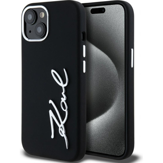 Karl Lagerfeld Case Silicone Metal Script Logo For Iphone 15 Black - (KLHCP15SSCMSMVK)