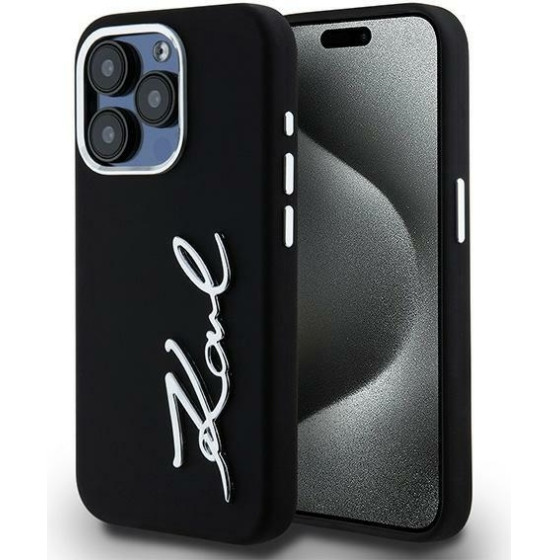 Karl Lagerfeld Case Silicone Metal Script Logo For Iphone 15 Pro Max Black - (KLHCP15XSCMSMVK)